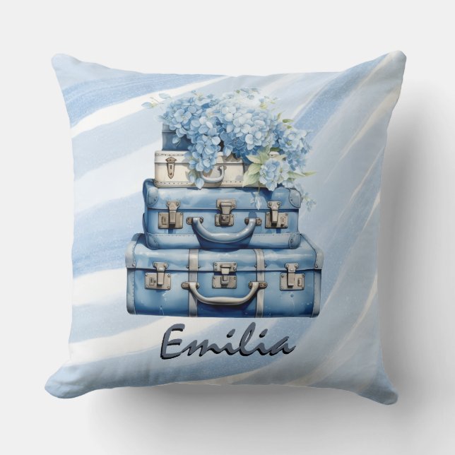 Personalized pillow Vintage suitcases Blue hydrang Kussen (Voorkant)