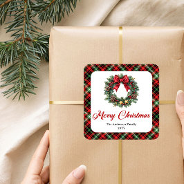 Personalized Pine Wreath Watercolor Christmas  Vierkante Sticker