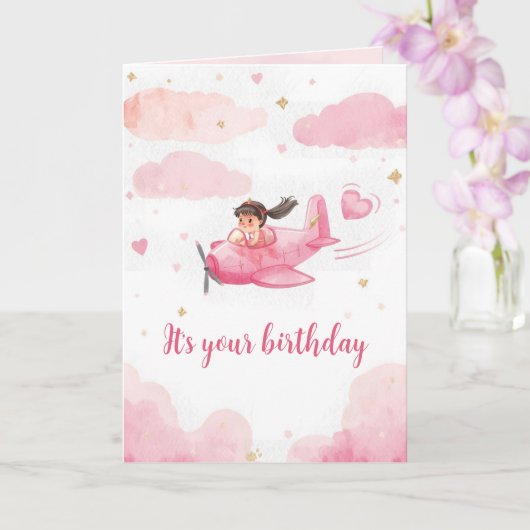Personalized Pink Airplane Birthday Card Kaart (Orchidee)