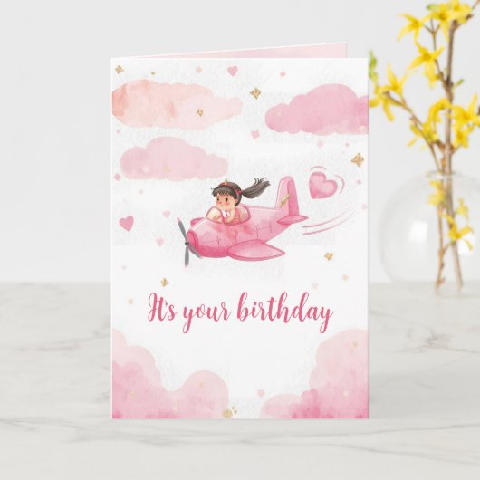 Personalized Pink Airplane Birthday Card Kaart (Gele Bloem)
