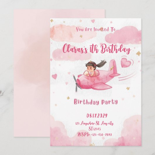 Personalized Pink Airplane Girl Birthday Invitatio Kaart (Voorkant / Achterkant)
