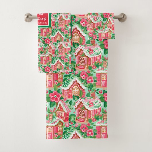 Personalized pink and green Christmas preppy towel Bad Handdoek (Insitu)