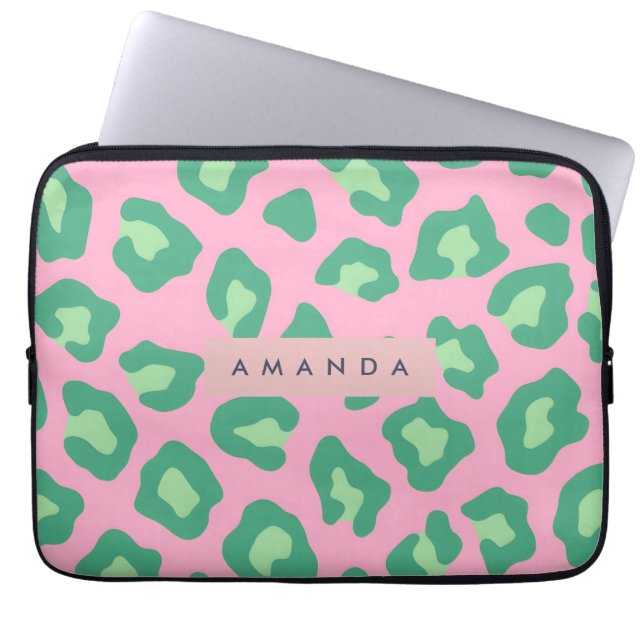 Personalized Pink and Green Leopard Print Laptop Sleeve (Voorkant)
