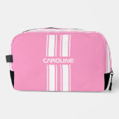 Personalized Pink And White Racing Stripe Travel Toilettasje (Voorkant)