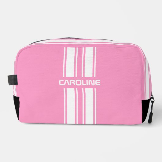 Personalized Pink And White Racing Stripe Travel Toilettasje (Voorkant)