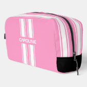 Personalized Pink And White Racing Stripe Travel Toilettasje (Rechterhoek)