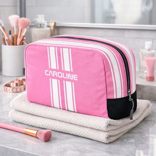 Personalized Pink And White Racing Stripe Travel Toilettasje