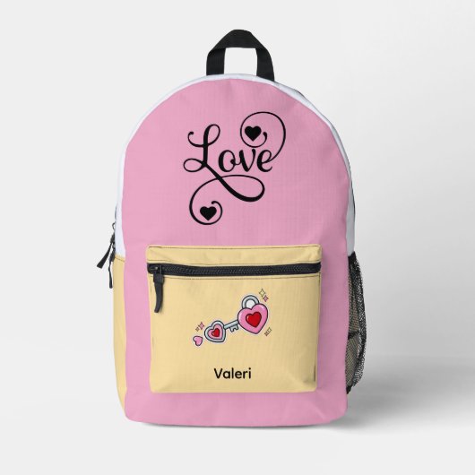 Personalized Pink Backpack with "Love" & Heart Key Bedrukte Rugzak (Voorkant)