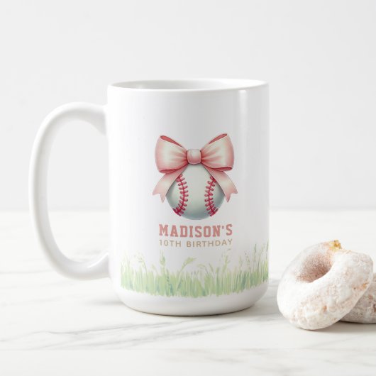 Personalized Pink Baseball Girl Bow Koffiemok (Met donut)