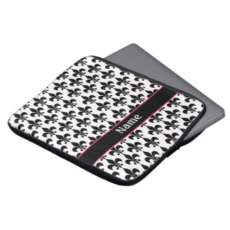 Personalized Pink Black Fleur de Lis Laptop Sleeve