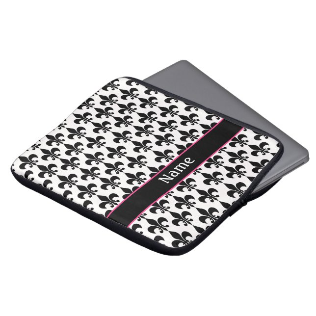 Personalized Pink Black Fleur de Lis Laptop Sleeve (Voorkant top)