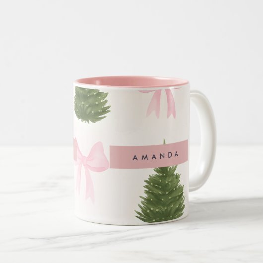 Personalized Pink Bow & Christmas Tree Tweekleurige Koffiemok (Voorkant rechts)