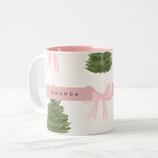 Personalized Pink Bow & Christmas Tree Tweekleurige Koffiemok (Voorkant links)