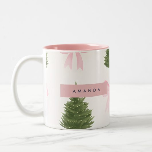 Personalized Pink Bow & Christmas Tree Tweekleurige Koffiemok (Links)