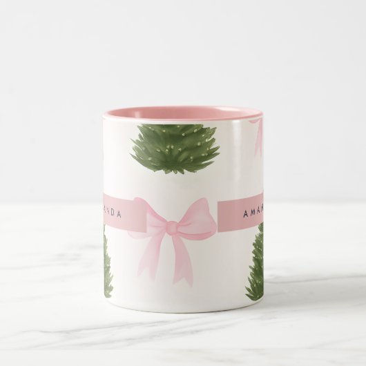 Personalized Pink Bow & Christmas Tree Tweekleurige Koffiemok (Center)