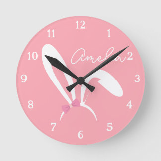 Personalized Pink Bunny Nursery Wall Clock Cute Ronde Klok