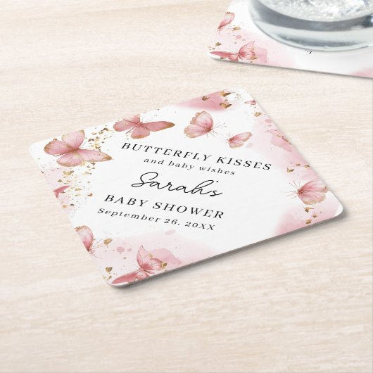 Personalized Pink Butterfly Baby Shower Coaster Kartonnen Onderzetters (Schuin)