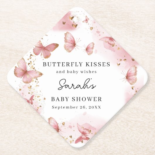 Personalized Pink Butterfly Baby Shower Coaster Kartonnen Onderzetters (Voorkant)