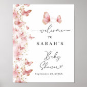 Personalized Pink Butterfly Baby Shower Sign Poster (Voorkant)