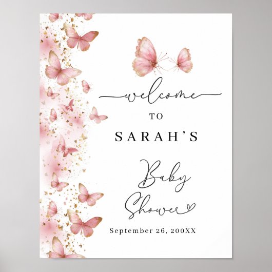 Personalized Pink Butterfly Baby Shower Sign Poster (Voorkant)