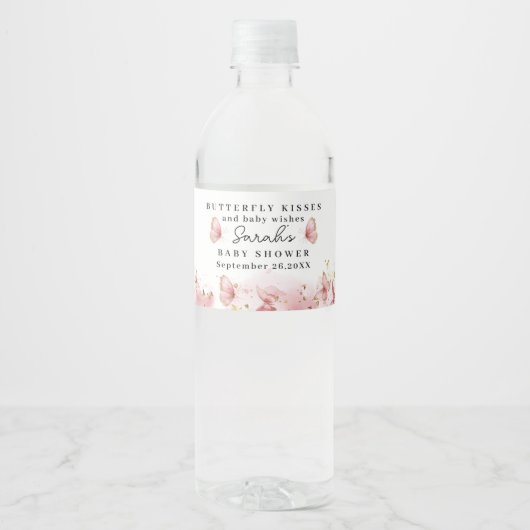 Personalized Pink Butterfly Water Bottle Label Waterfles Etiket (Voorkant)