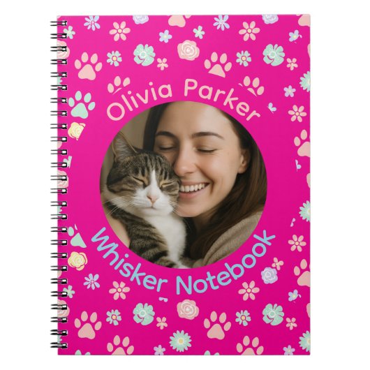 Personalized Pink Cat Photo & Name Spiral Notebook Notitieboek (Voorkant)