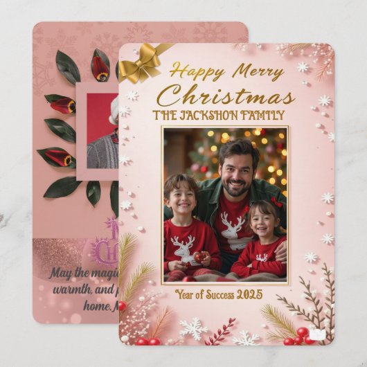 Personalized Pink Christmas Card with Elegant Kaart (Voorkant / Achterkant)