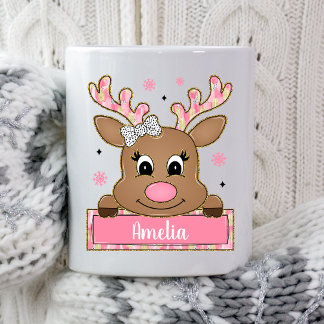 Personalized Pink Christmas Reindeer Xmas Present Koffiemok