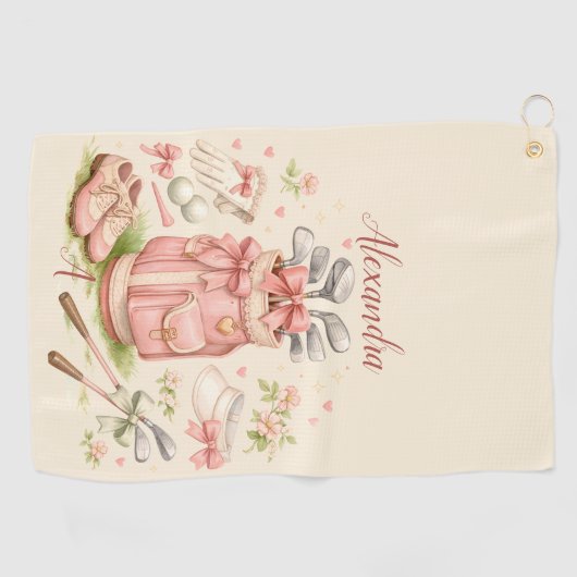 Personalized Pink Coquette Golf Monogram Golfhanddoek (Horizontaal)