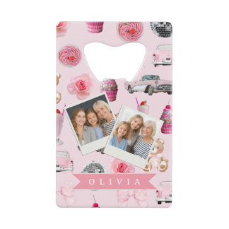 Personalized Pink Coquette Retro Cute Teddy Bear  Creditkaart Flessenopener