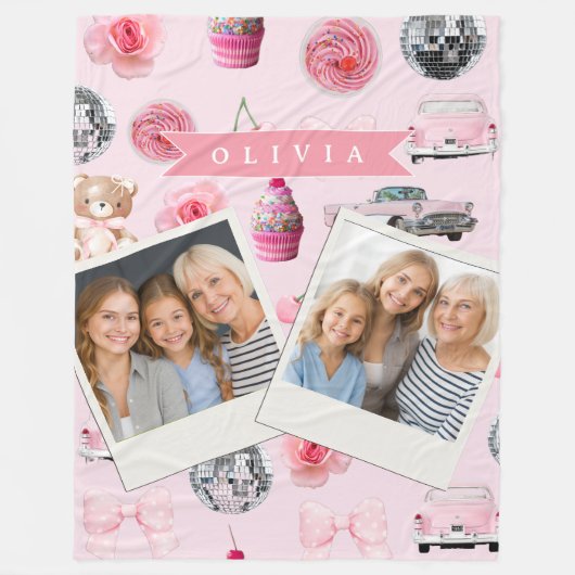 Personalized Pink Coquette Retro Cute Teddy Bear  Fleece Deken (Voorkant)