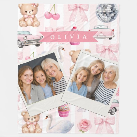 Personalized Pink Coquette Retro Cute Teddy Bear Fleece Deken (Voorkant)