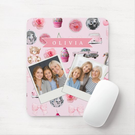 Personalized Pink Coquette Retro Cute Teddy Bear Muismat (Met muis)