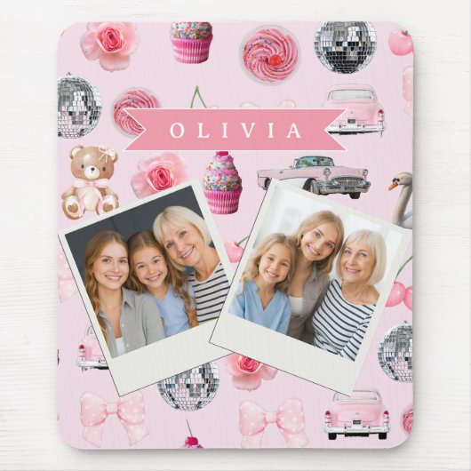 Personalized Pink Coquette Retro Cute Teddy Bear Muismat (Voorkant)