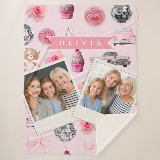 Personalized Pink Coquette Retro Cute Teddy Bear Sherpa Deken (Voorkant)