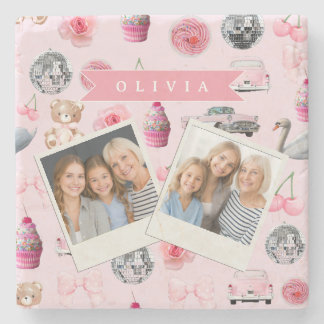 Personalized Pink Coquette Retro Cute Teddy Bear  Stenen Onderzetter