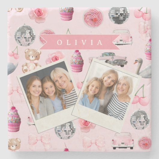 Personalized Pink Coquette Retro Cute Teddy Bear  Stenen Onderzetter (Voorkant)
