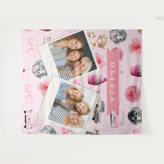 Personalized Pink Coquette Retro Cute Teddy Bear Wandkleed (Voorkant (horizontaal))