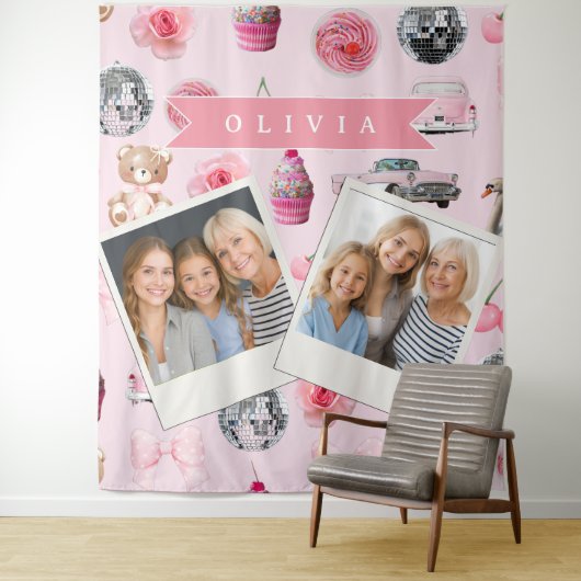 Personalized Pink Coquette Retro Cute Teddy Bear Wandkleed (In situ)