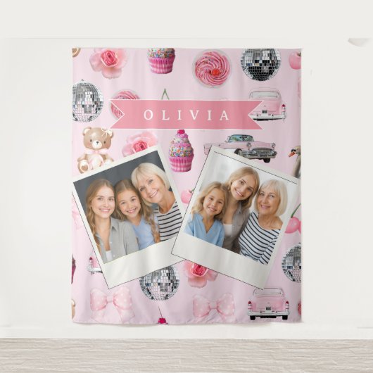 Personalized Pink Coquette Retro Cute Teddy Bear  Wandkleed (Voorkant)