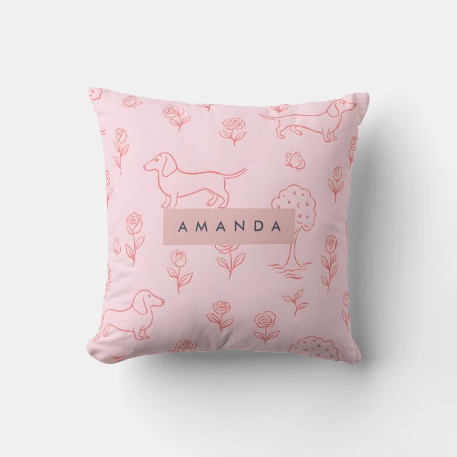 Personalized Pink Dachshund and Flower Kussen (Voorkant)