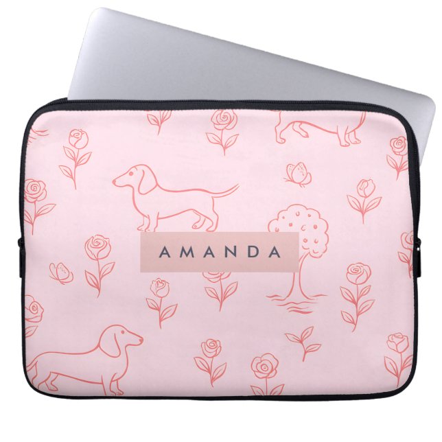 Personalized Pink Dachshund and Flower Laptop Sleeve (Voorkant)