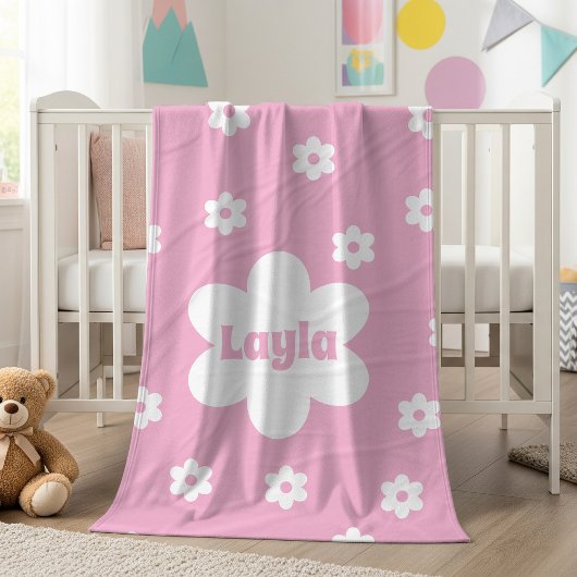 Personalized Pink Daisy Name Fleece Blanket Deken