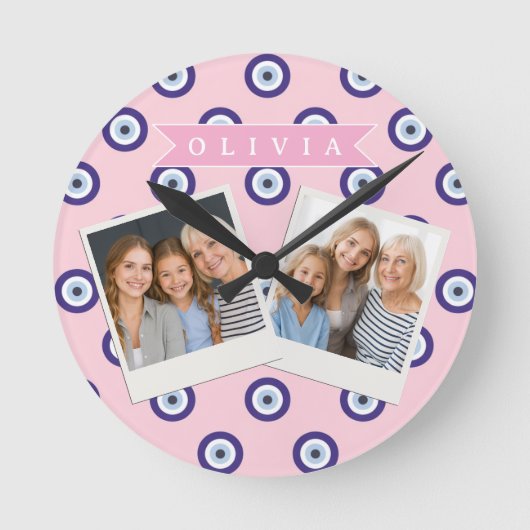 Personalized Pink Evil Eye Pattern Gifts With Name Ronde Klok (Voorkant)