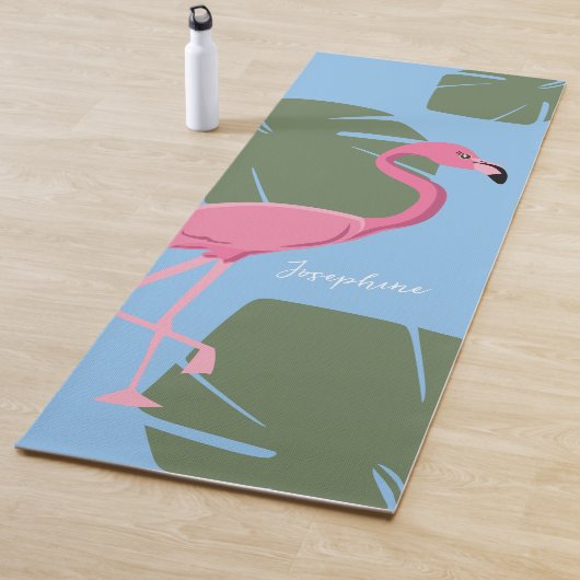 Personalized Pink Flamingo with Tropical Leaves Yogamat (In situ)