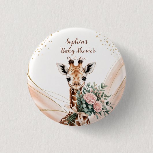 Personalized Pink Floral Giraffe Baby Shower Butto Ronde Button 3,2 Cm (Voorkant)