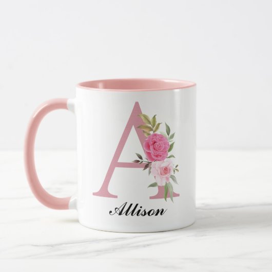 Personalized Pink Floral Monogram Mug Gift for Her Mok (Links)