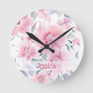Personalized Pink Floral Watercolor  Ronde Klok