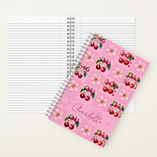Personalized Pink Gingham Cherry Blossom Notitieboek (Binnen)