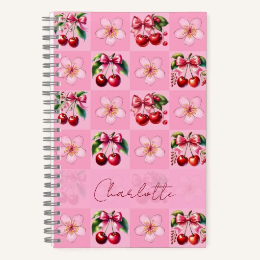 Personalized Pink Gingham Cherry Blossom Notitieboek (Voorkant)